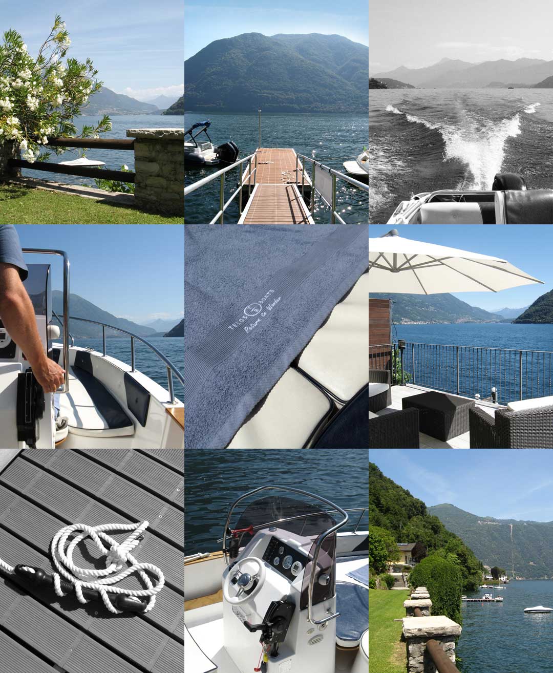 Collage di fotografie del punto d'imbarco e dei servizi offerti ai clienti del noleggio barche Telos Boats sul lago di Como